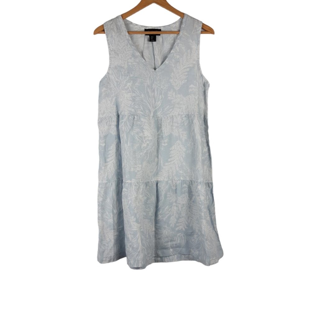 Tahari 100% Linen Floral Tropical Dress Blue White Tiered Shift Size Sma…